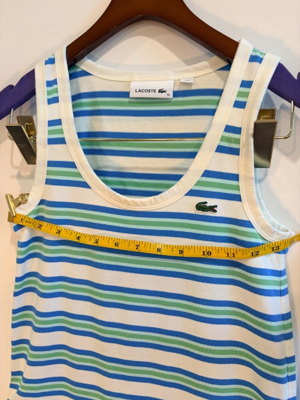 Lacoste Striped Tank Dress White Blue Green Cotton Size 32 XS, w Pockets - Picture 4 of 8